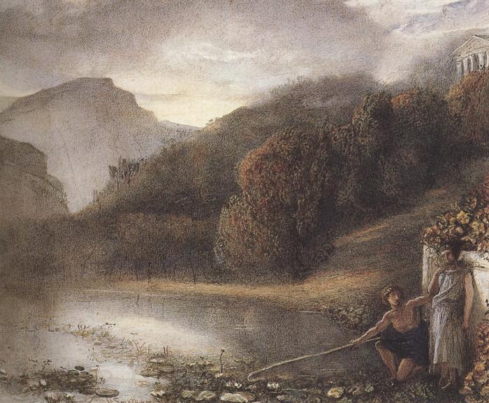 Frederick james shields Classical Figures by a River,a Temple beyond (mk37) Norge oil painting art